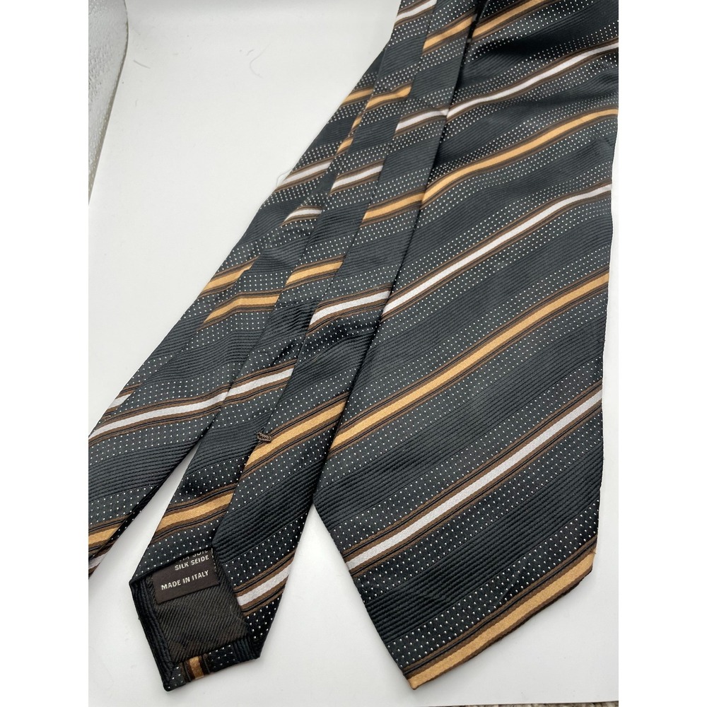 Canali Mens Silk Tie Grey Brown Tan White Striped Micro Dot Made in Italy